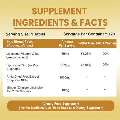 Vlado's Himalayan Organics Natural Liposomal Vitamin C Tablets | Amla Extract with Zinc | Liposomal Vitamin C Formula | 120 Veg Tablets