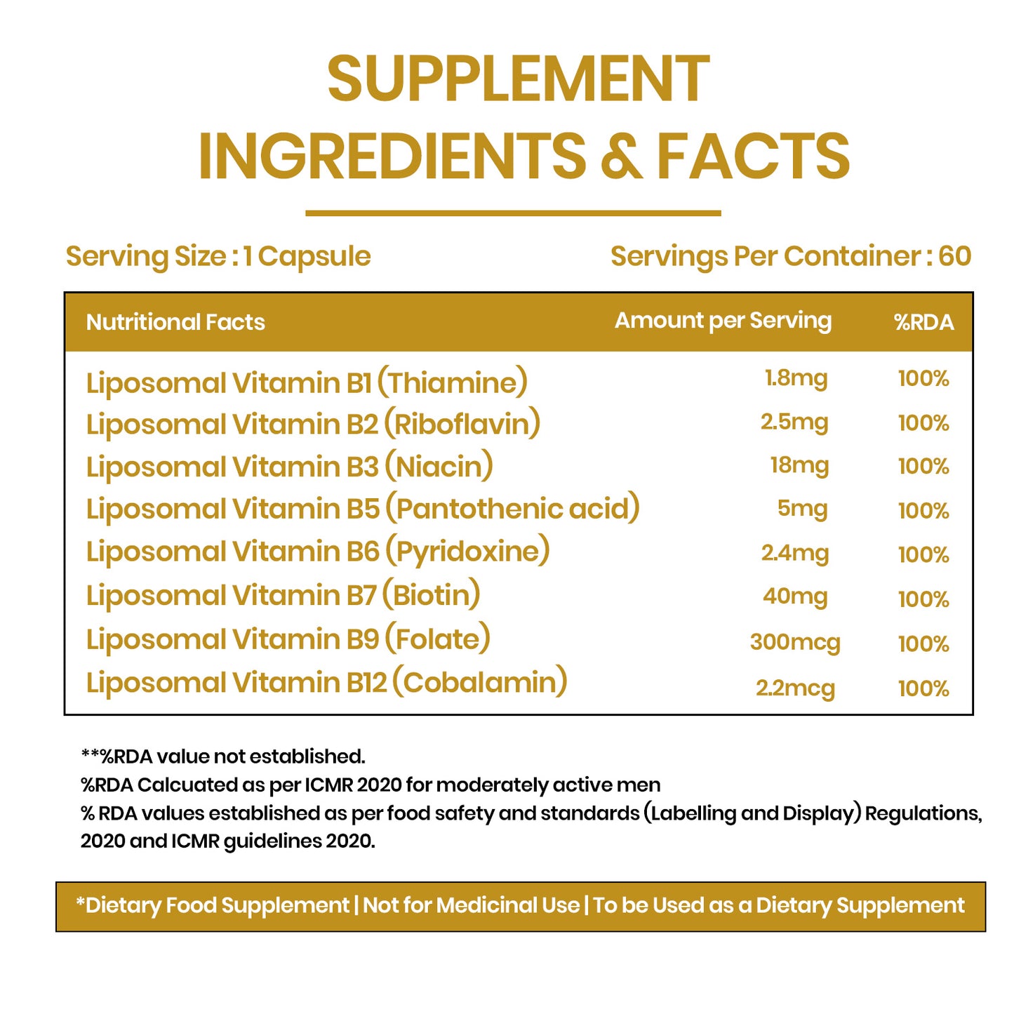 Vlado’s Himalayan Organics Liposomal Vitamin B Complex with 100% RDA B1, B2, B3, B5, B6, B9 & B12 | 60 Capsules