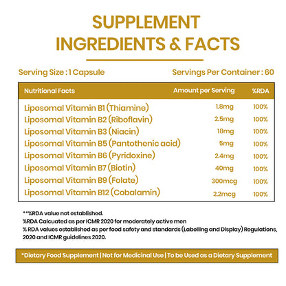 Vlado’s Himalayan Organics Liposomal Vitamin B Complex with 100% RDA B1, B2, B3, B5, B6, B9 & B12 | 60 Capsules