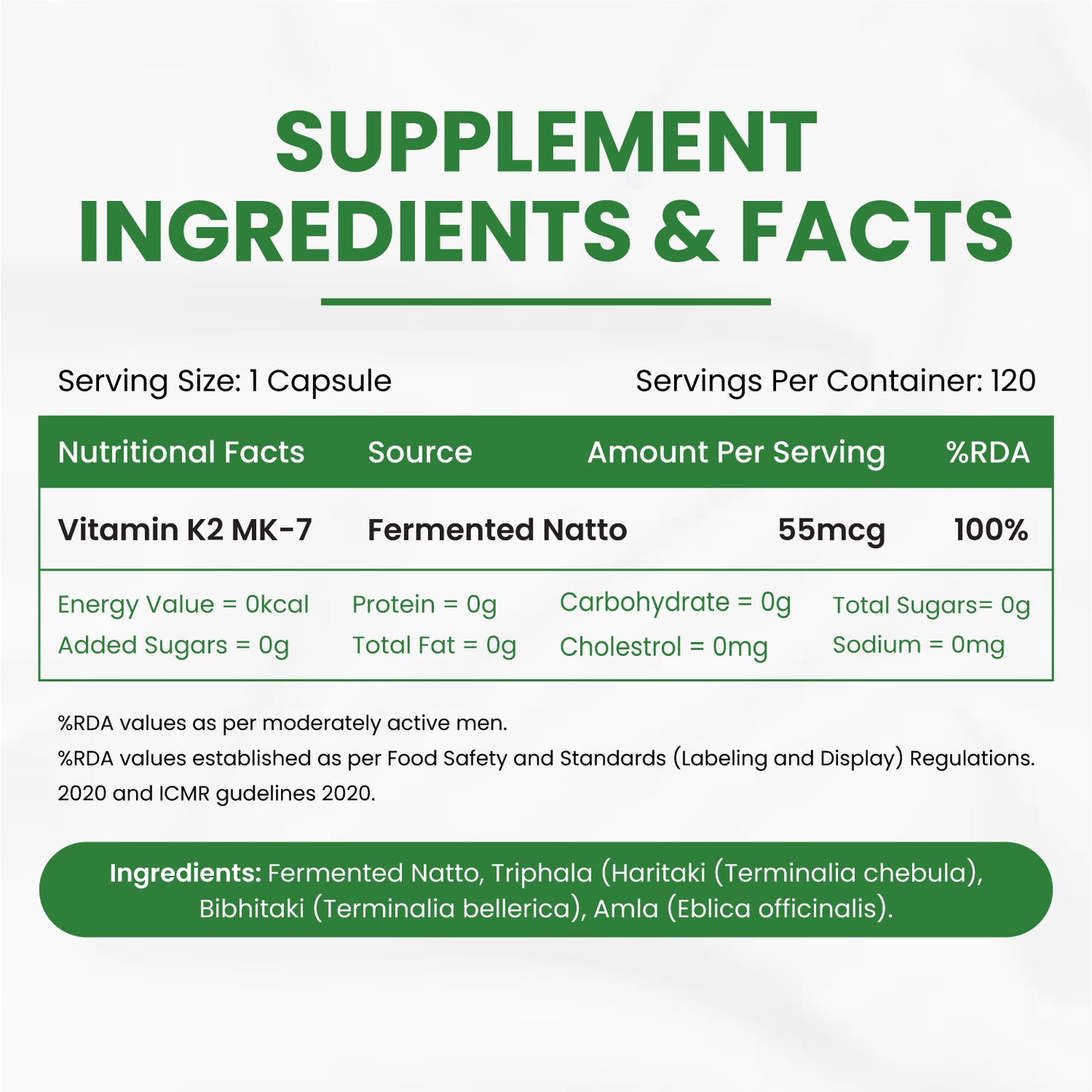 Vlado's Himalayan Organics Plant-Based Vitamin K2 MK- 7 Supplement 55 MCG / Serving - k2 supplements for Men & Women - 120 Veg Capsules