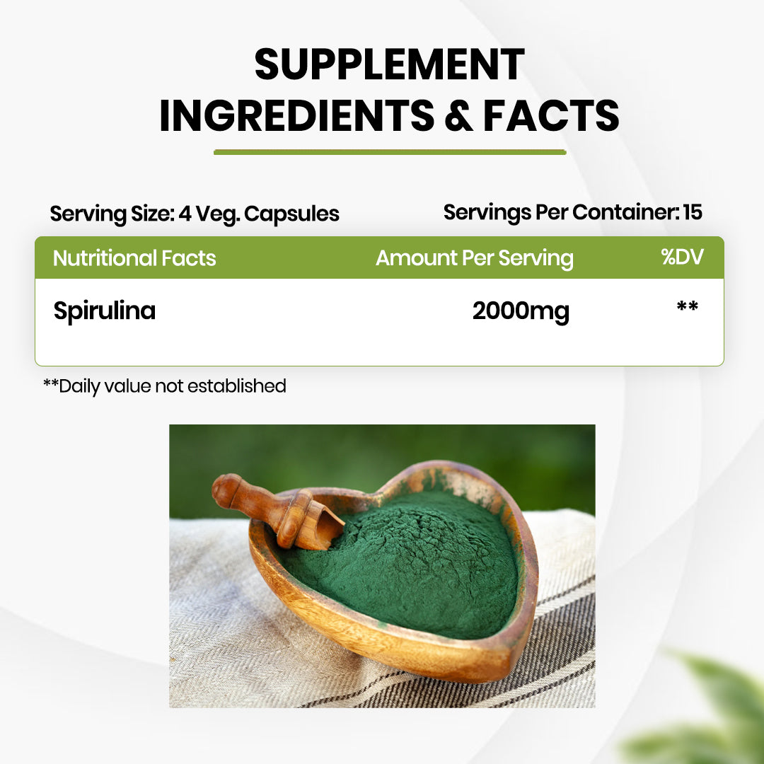 Vlado's Himalayan Organics Spirulina 2000mg Supplement | Plant-Based Superfood | 60 Vegetarian Capsules