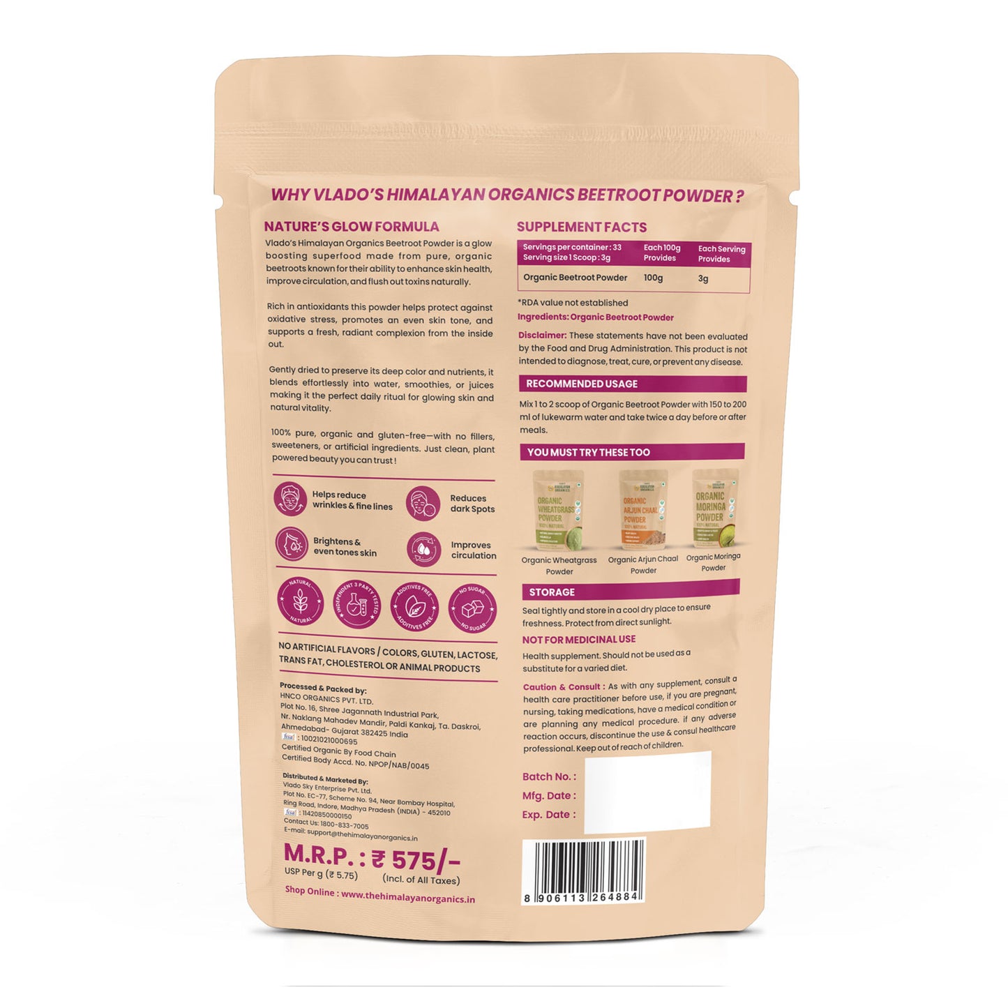 Vlado’s Himalayan Organics Beetroot Powder | 100% Pure & Natural | 100g