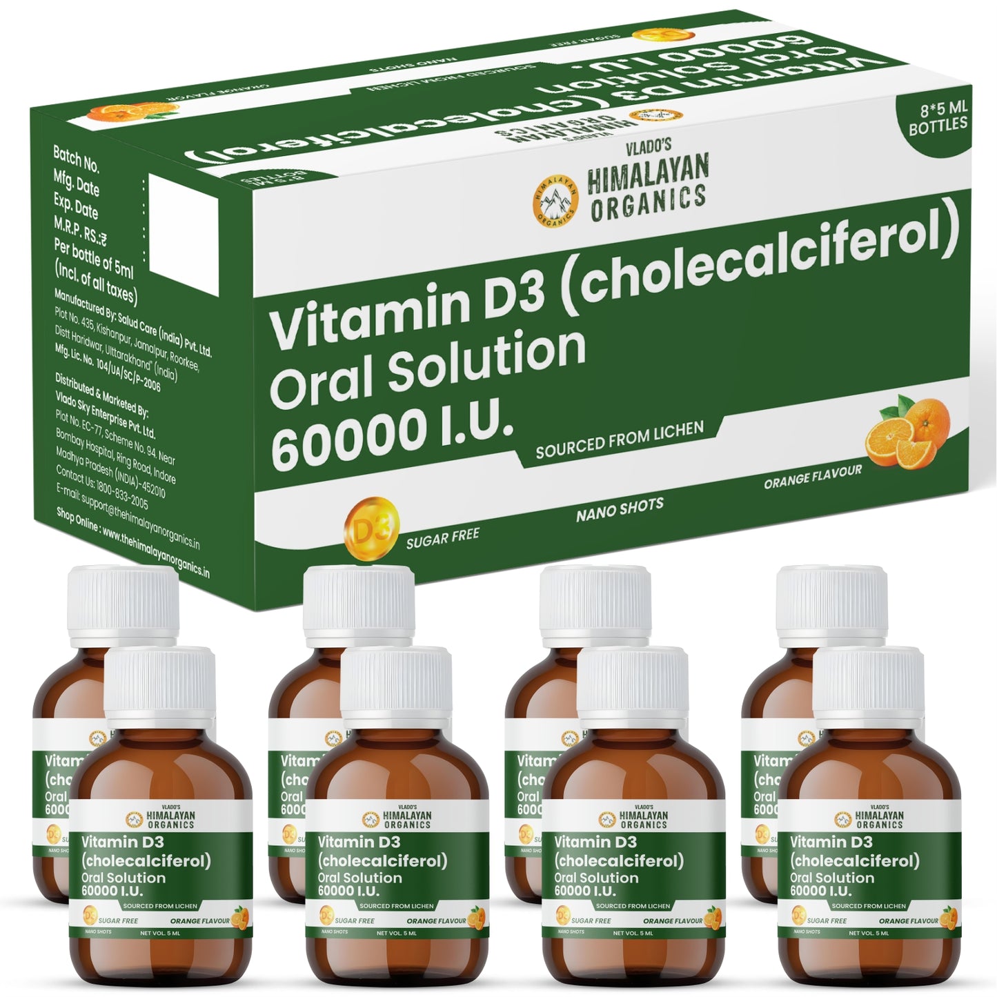 Vlado's Himalayan Organics Vitamin D3 60000 IU Shots | Cholecalciferol Vitamin D3 60000 IU Supplement I Sugar Free I Oral Solution I Vitamin D 60K for Men & Women – 5ml Each bottle - Orange Flavour - (Pack of 8)
