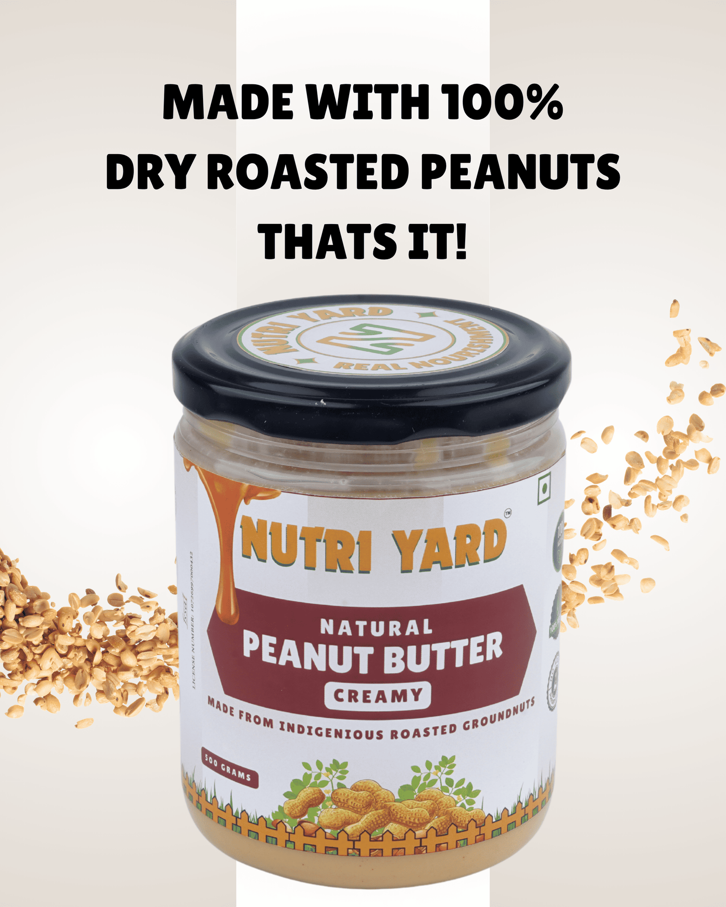 Nutri Yard Natural Peanut Butter Creamy 1kg Unsweetened (Pack of 2 - 500g each)