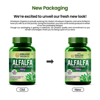 Vlado's Himalayan Organics Alfalfa Calcium Citrate Malate 1200mg with Vitamin D, K2, MK-7, B12, Zinc & Magnesium - 120 Veg Tablets
