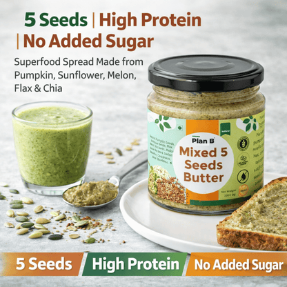 Plan B Mixed Seeds Butter | 5 Seeds Blend – Pumpkin, Sunflower, Melon, Flax & Chia | Vegan, High Protein, Omega-3 Rich Superfood Spread | No Added Sugar, Gluten-Free, Dairy-Free | 200g Jar