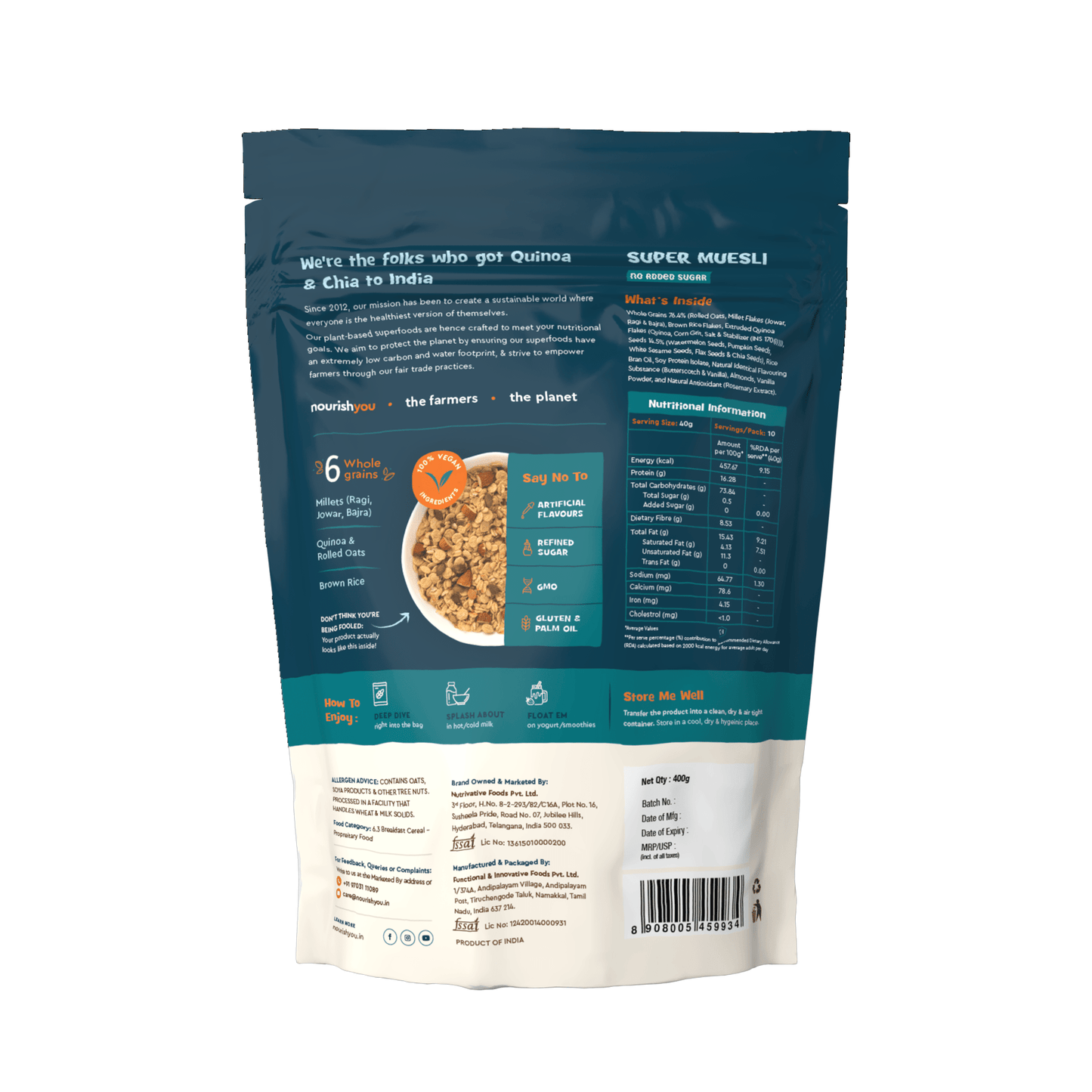 Nourish You No Added Sugar Quinoa Super Muesli with Nuts & Seeds | Breakfast Muesli | Quinoa , Ragi , Bajra & Jowar | Almonds , Pumpkin , Watermelon & Flax | High Protein Healthy Breakfast Cereal | No Artificial Sweeteners | No Added Flavours | 400G