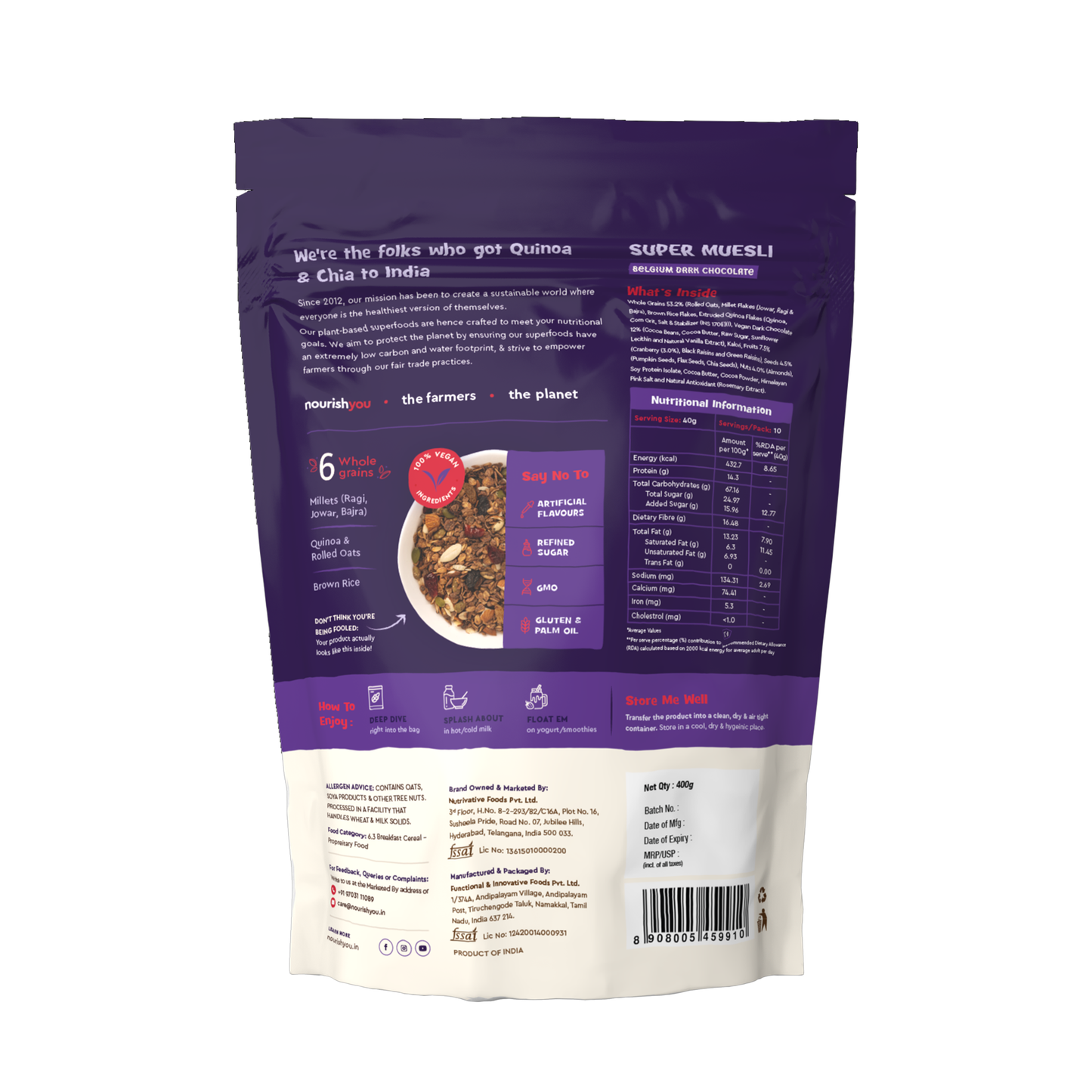 Nourish You Super Muesli Belgium Dark Chocolate 400g | High Protein Breakfast | With Raisins, Almonds, Oats & Belgium Dark Chocolate | No Refined Sugar | Breakfast Cereal | with Supergrains Quinoa , Jowar , Bajra , Ragi |