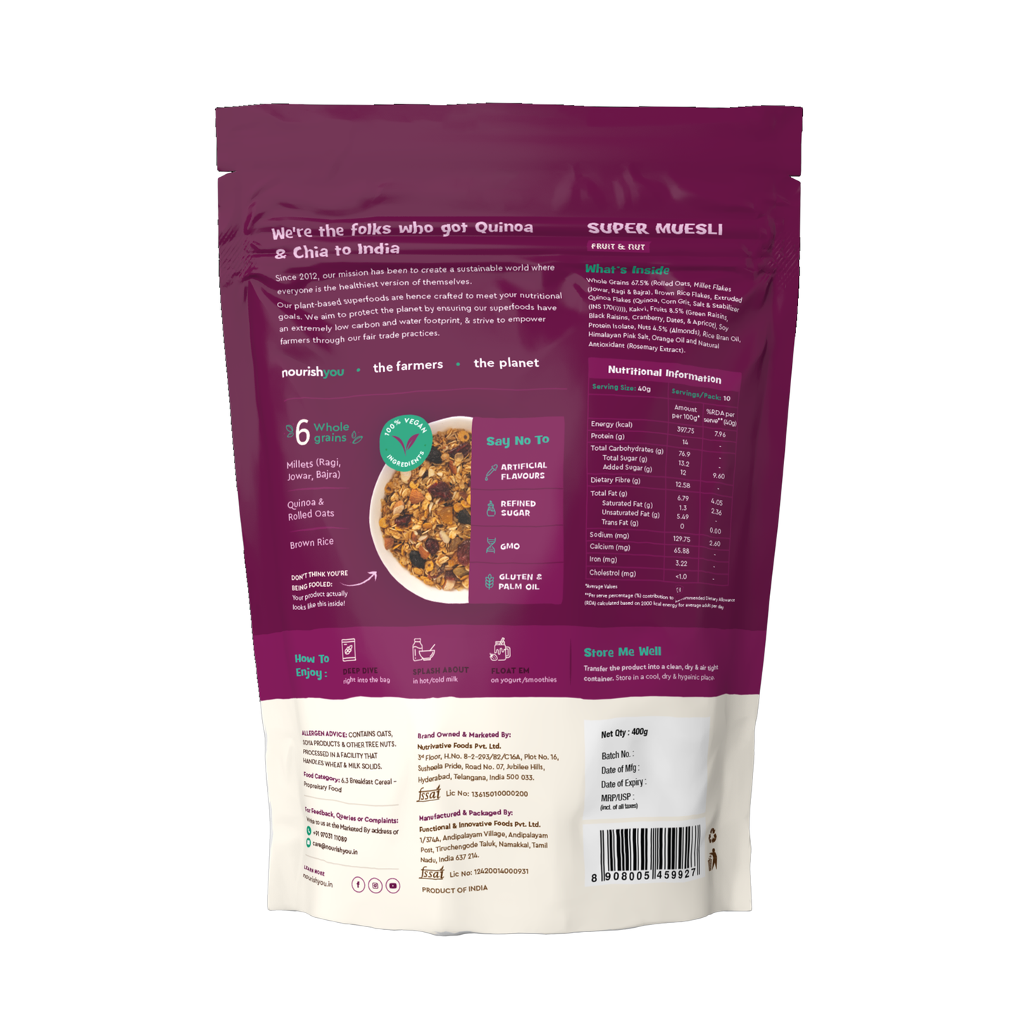 Nourish You Super Muesli Fruit & Nut 400g | Whole Grain Breakfast Cereal with Rolled Oats, Quinoa, Bajra, Jowar, Ragi & Brown Rice | Sweetened with Natural Kakvi | High Fiber & Protein | Gluten-Free Healthy Breakfast