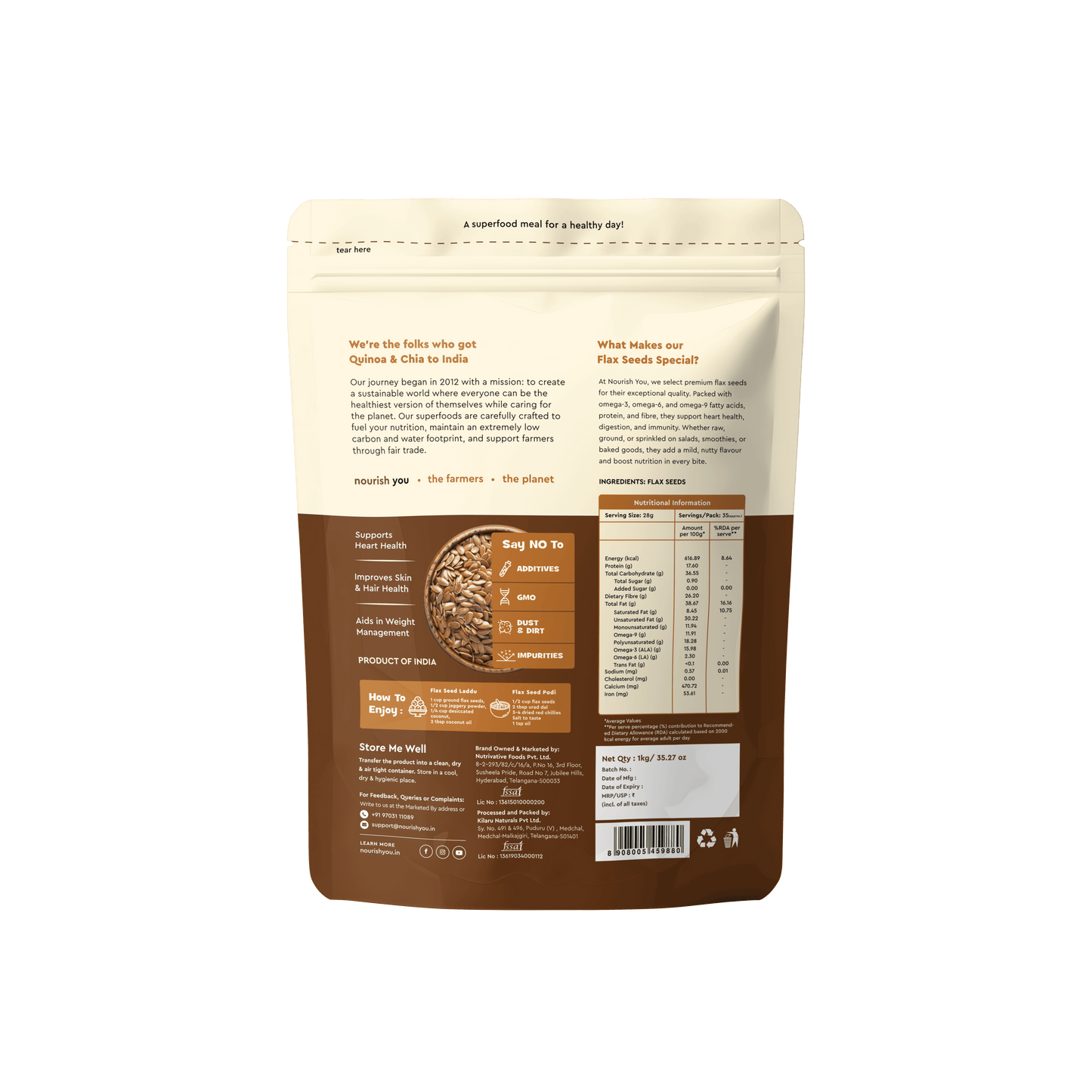 Nourish You Raw & Whole Flaxseeds 1Kg - Alsi Seeds | Whole Flax seeds for Hair Growth | Raw Seeds for Eating | Source of Iron & Dietary Fibre | Rich in Protein