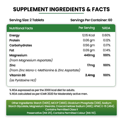Vlado's Himalayan Organics ZMA Supplement with Zinc, Magnesium Aspartate & Vitamin B6 | Plant-Based Formula | 120 Veg Tablets