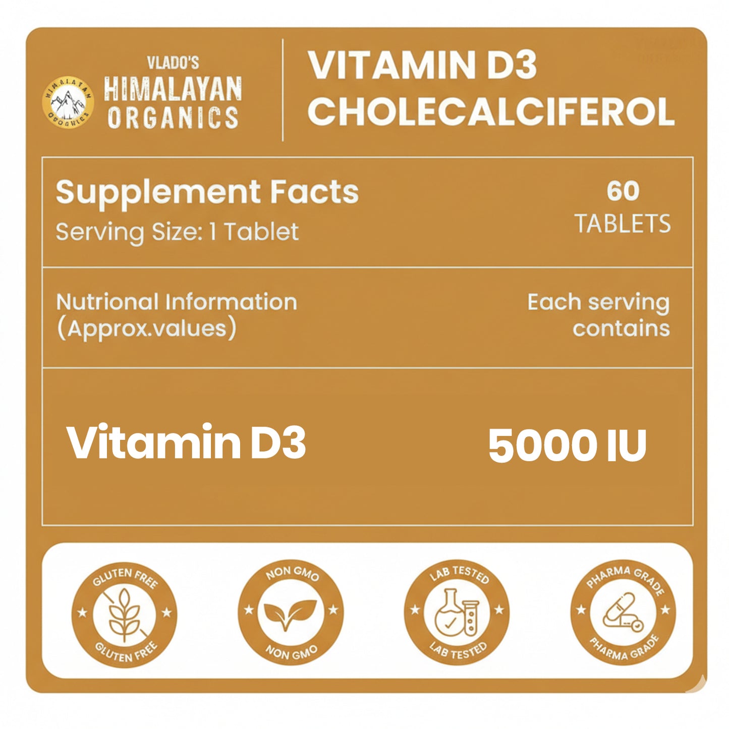 Vlado's Himalayan Organics Vitamin D3 5000 IU Chewable Tablets | Cholecalciferol | Orange Flavour | Dietary Supplement for Men & Women | 60 Tablets