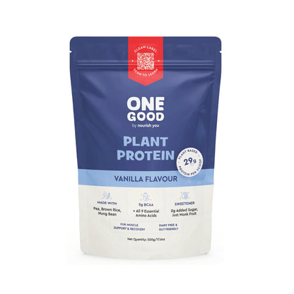 Nourish You 29g Per Serving Vanilla Plant based Protein Powder-500g | Pea, Brown Rice & Mung Bean Blend | Sweetened with Monk Fruit | No Soy, No Artificial Flavours | Superior Muscle Recovery | Gut Friendly