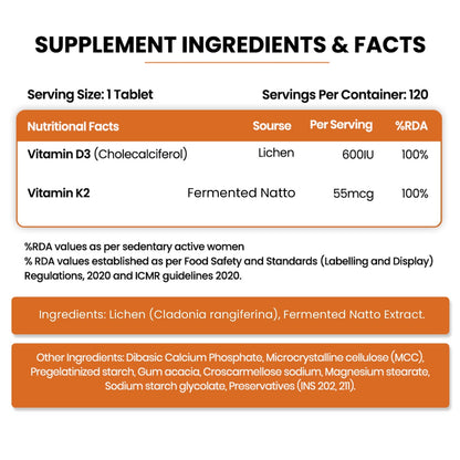 Vlado's Himalayan Organics Vitamin D3 with K2 As MK7 Supplement - 120 Veg Tablets