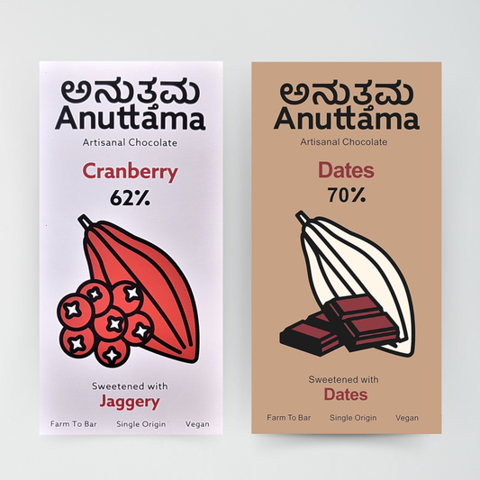 ANUTTAMA Dark Chocolate | 70% Cocoa Dates & 62% Cocoa Cranberry | Natural Jaggery | 50gm, Pack of 2