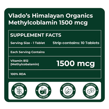 Vlado's Himalayan Organics Methylcobalamin Vitamin B12 1500 mcg | Dietary Supplement for Men & Women | 10 Tablets (1 Strip)