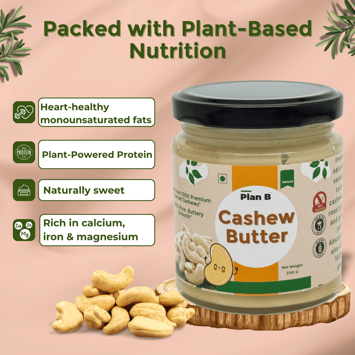 Plan B Premium Cashew Butter | Creamy, No Added Sugar | High Protein Nut Butter | 100% Natural & Gluten-Free | Healthy Spread for Bread, Smoothies & Snacks | 200g Jar