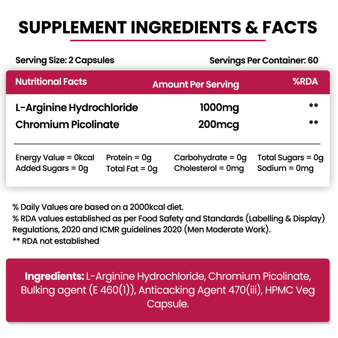 Vlado's Himalayan Organics L-Arginine 1000 mg with Chromium Picolinate | 120 Veg Capsules | Plant-Based Supplement for Daily Wellness