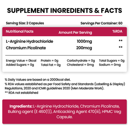 Vlado's Himalayan Organics L-Arginine 1000 mg with Chromium Picolinate | 120 Veg Capsules | Plant-Based Supplement for Daily Wellness