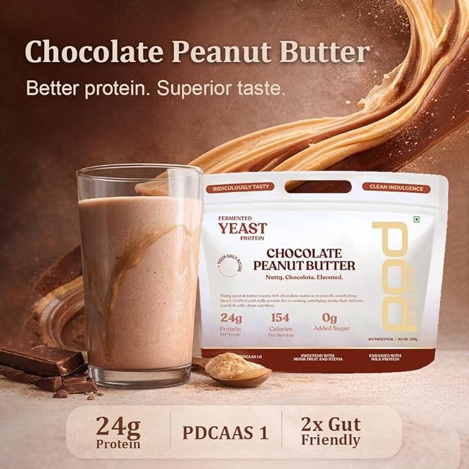 Fermented Yeast Protein Blend | Chocolate Peanut Butter Flavor | 24g Protein, 0g Added Sugar, Gut-Friendly | Sweetened with Stevia & Monk Fruit | No Bloating, High Absorption | 500g