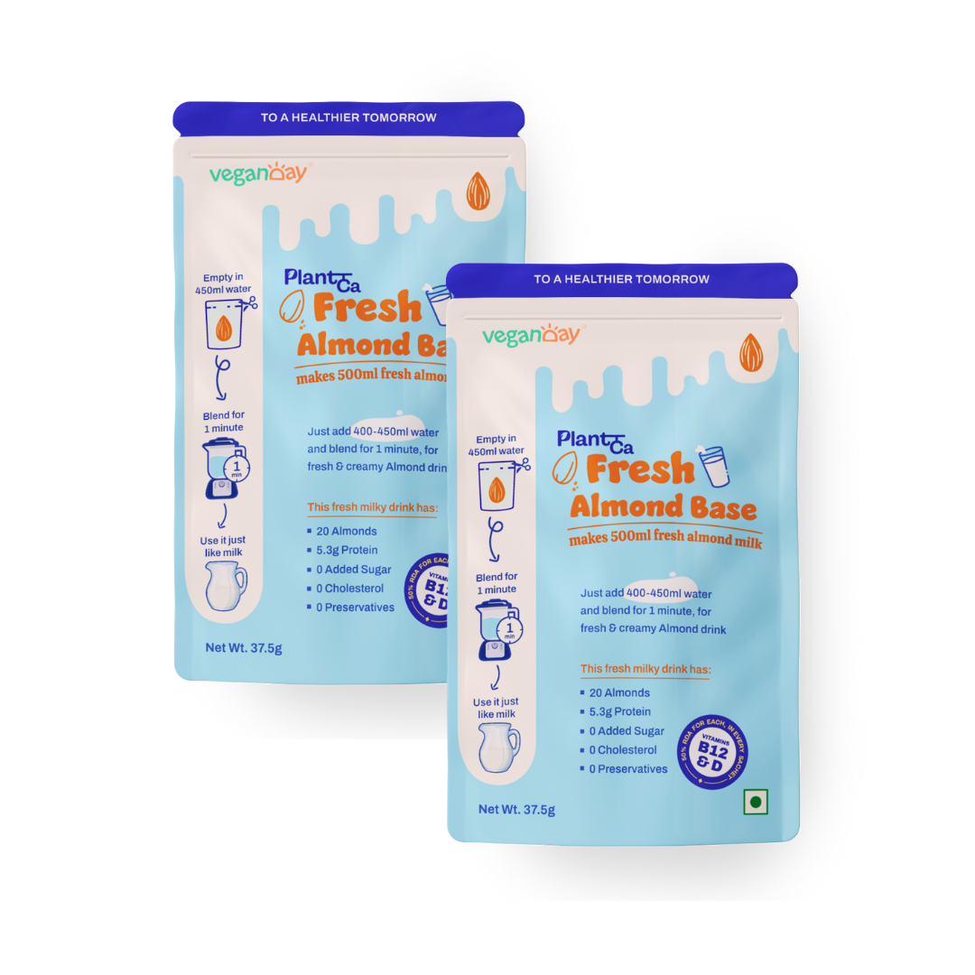 VeganDay Almond Base (makes 1L Almond Milk) | Fresh, Unsweetened & Plant-Based (PlantCa) | Just add water & blend | Dairy-free, Lactose-free | Zero added sugar, Zero Cholesterol, Zero Preservatives (Pack of 500ml x 2)