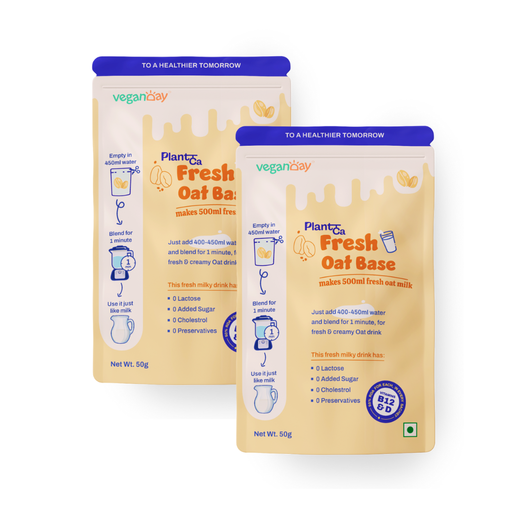 VeganDay Oat Base (makes 1L Oat Milk) | Fresh, Unsweetened & Plant-Based (PlantCa) | Just add water & blend | Dairy-free, Lactose-free | Zero added sugar, Zero Cholesterol, Zero Preservatives (Pack of 500ml x 2)