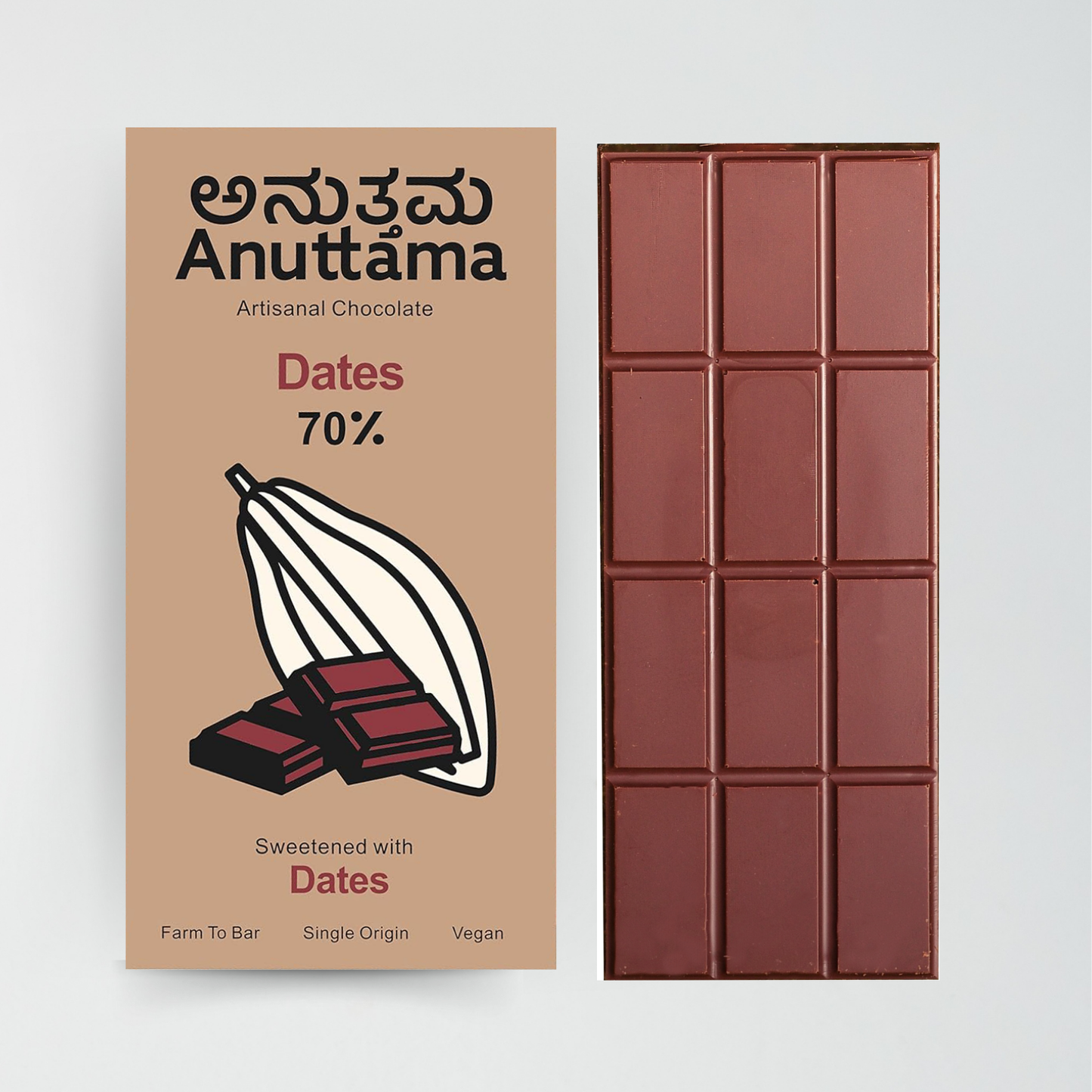 ANUTTAMA Dark Chocolate | 70% Cocoa Dates | Sweetened with Dates (50gm X Pack of 2)