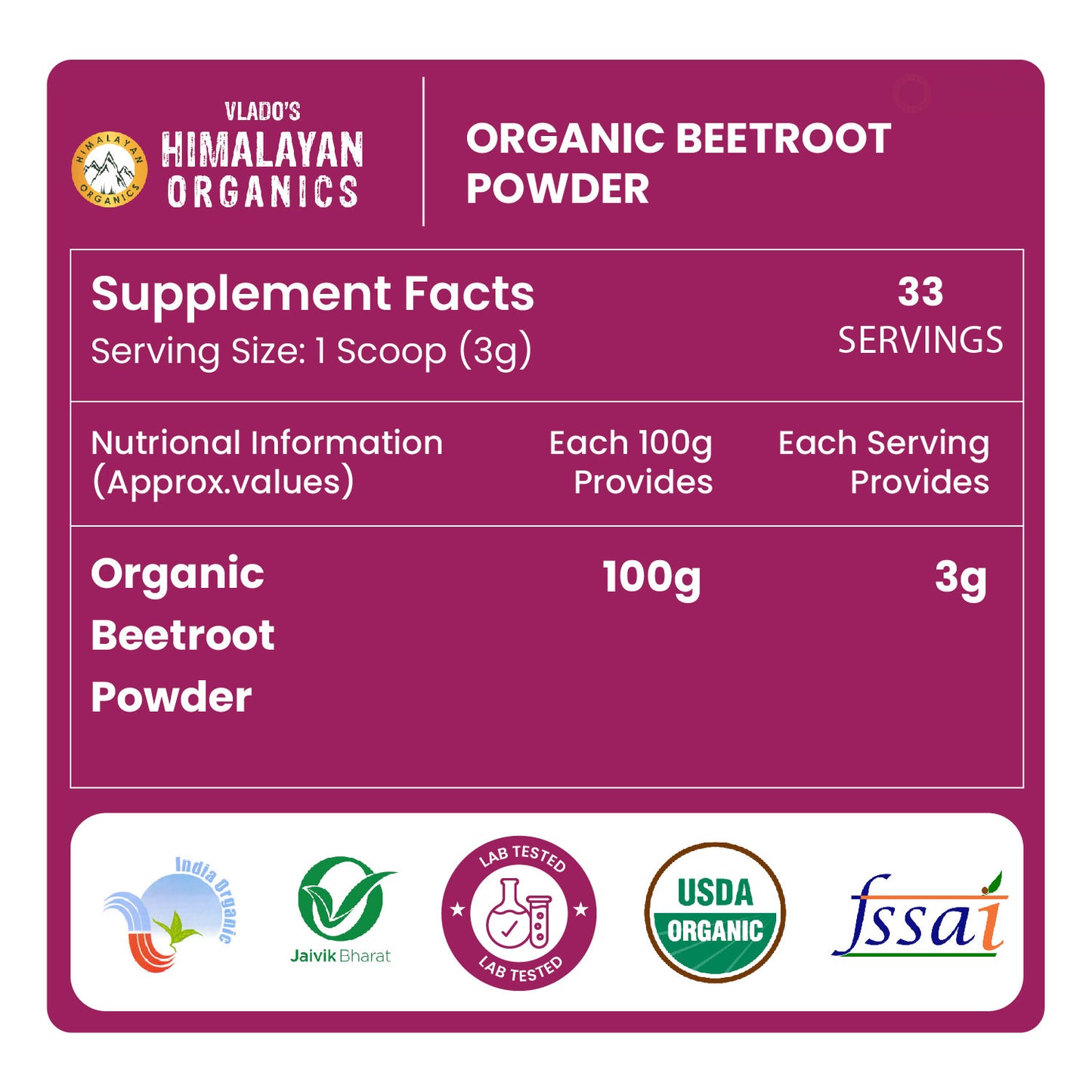 Vlado’s Himalayan Organics Beetroot Powder | 100% Pure & Natural | 100g