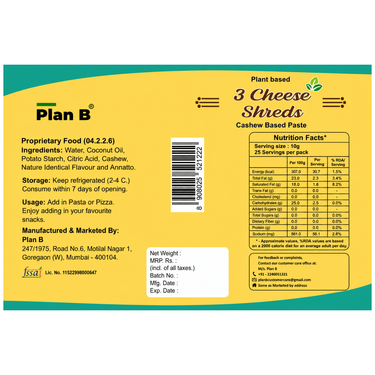 Plan B Plant-Based 3 Cheeze Shreds 200g | Vegan Cheddar, Mozzarella & Parmesan Blend | Dairy-Free, Lactose-Free, Gluten-Free | Ideal for Pizza, Pasta & Sandwiches