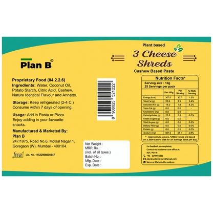Plan B Plant-Based 3 Cheeze Shreds 200g | Vegan Cheddar, Mozzarella & Parmesan Blend | Dairy-Free, Lactose-Free, Gluten-Free | Ideal for Pizza, Pasta & Sandwiches