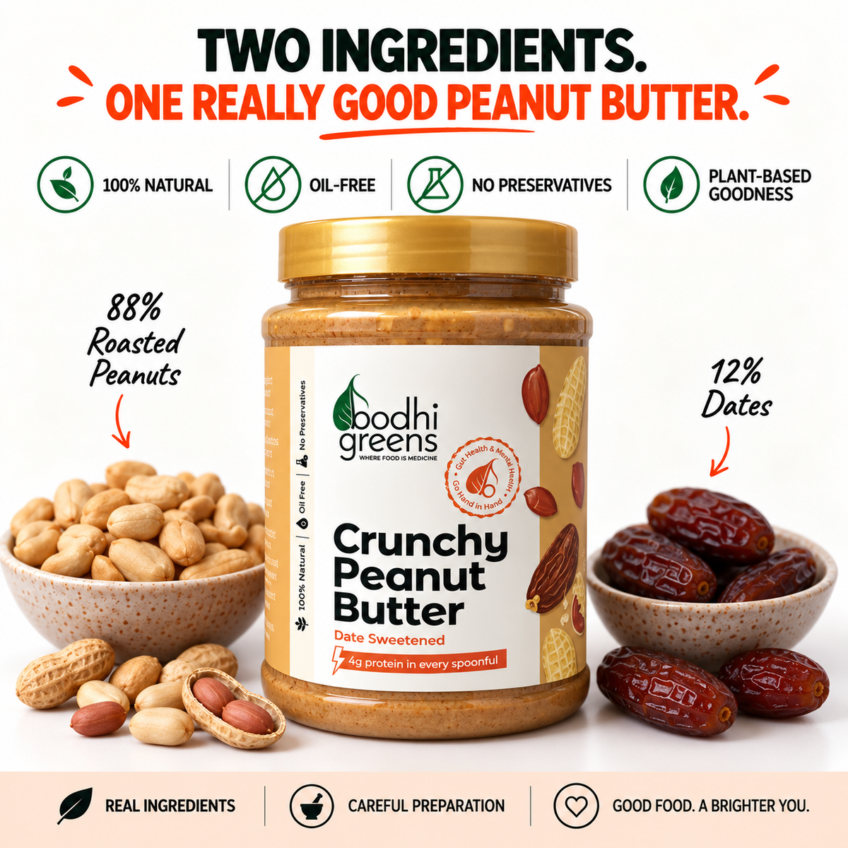 Bodhi Greens Crunchy Peanut Butter | Date Sweetened | 1kg