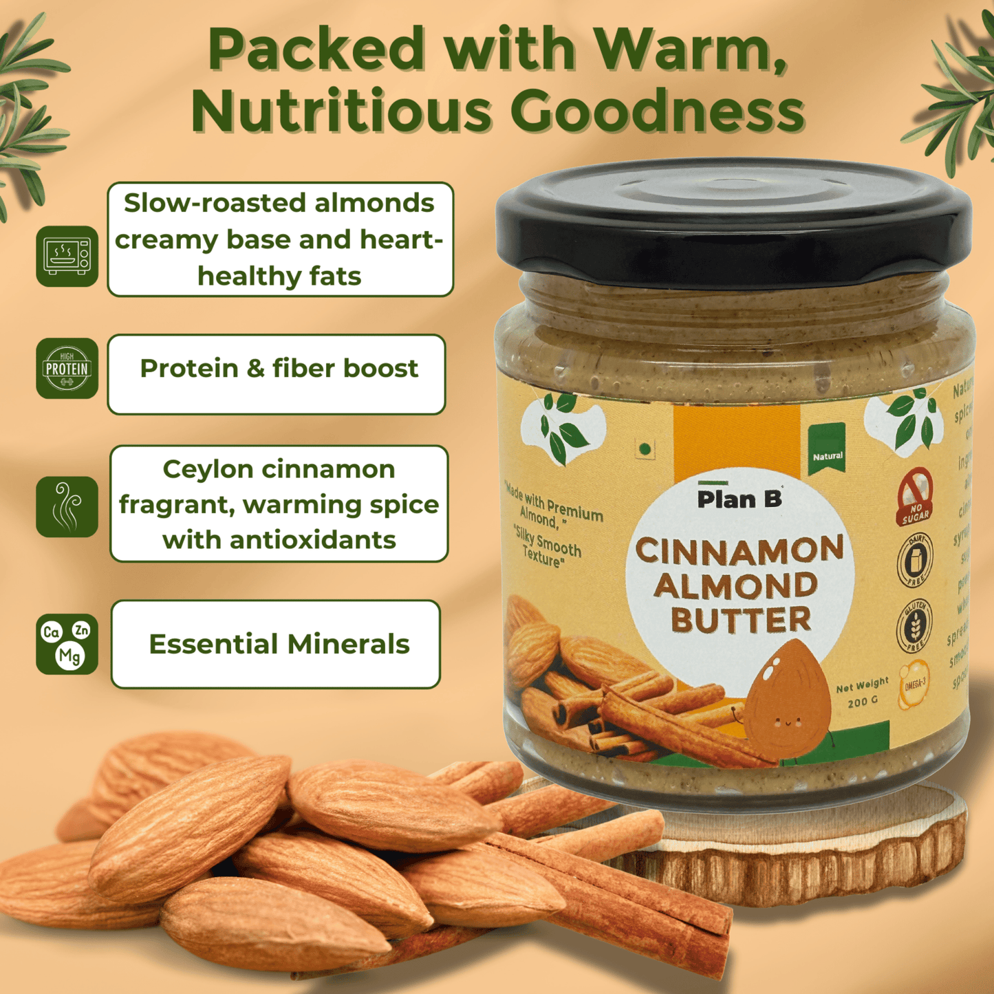 Plan B Cinnamon Almond Butter | Creamy, Spiced Vegan Nut Butter | No Added Sugar, Gluten-Free, High Protein | 100% Natural Roasted Almonds with Cinnamon | Dairy-Free Healthy Spread | 200g Jar