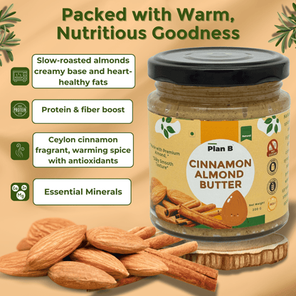 Plan B Cinnamon Almond Butter | Creamy, Spiced Vegan Nut Butter | No Added Sugar, Gluten-Free, High Protein | 100% Natural Roasted Almonds with Cinnamon | Dairy-Free Healthy Spread | 200g Jar