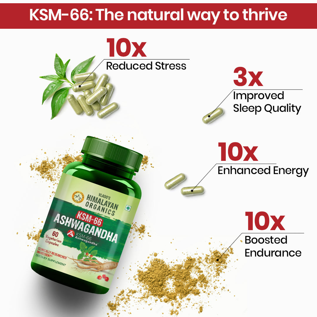 Vlado's Himalayan Organics KSM - 66 Ashwagandha 1000Mg I KSM-66 I Boost Energy, Strength, Stamina | Helps Anxiety & Stress Relief For Men & Women (60 Capsules)