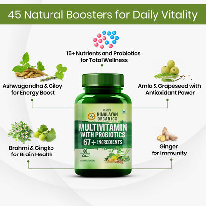 Vlado's Himalayan Organics Multivitamin with Probiotics (60 Tablets) 60 Ingredients for Men & Women with Vitamin C, D, E, B3, B12, Zinc, Giloy & Biotin