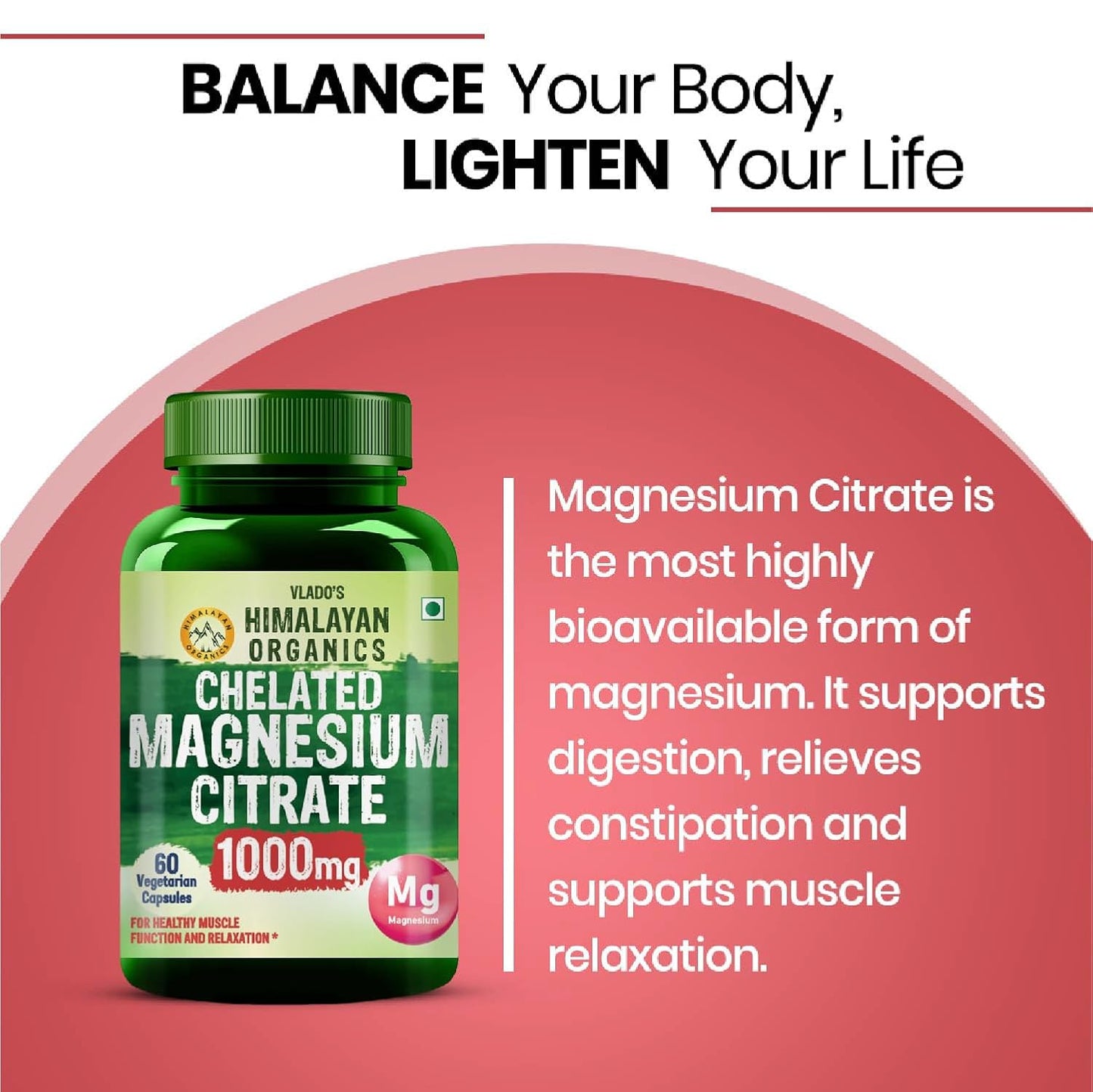 Vlado's Himalayan Organics Magnesium Citrate 1000 mg | 35% Elemental Magnesium | Mineral Supplement for Men & Women | 60 Vegetarian Capsules
