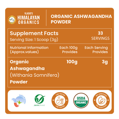 Vlado’s Himalayan Organics Ashwagandha Powder | 100% Organic & Pure | 100g