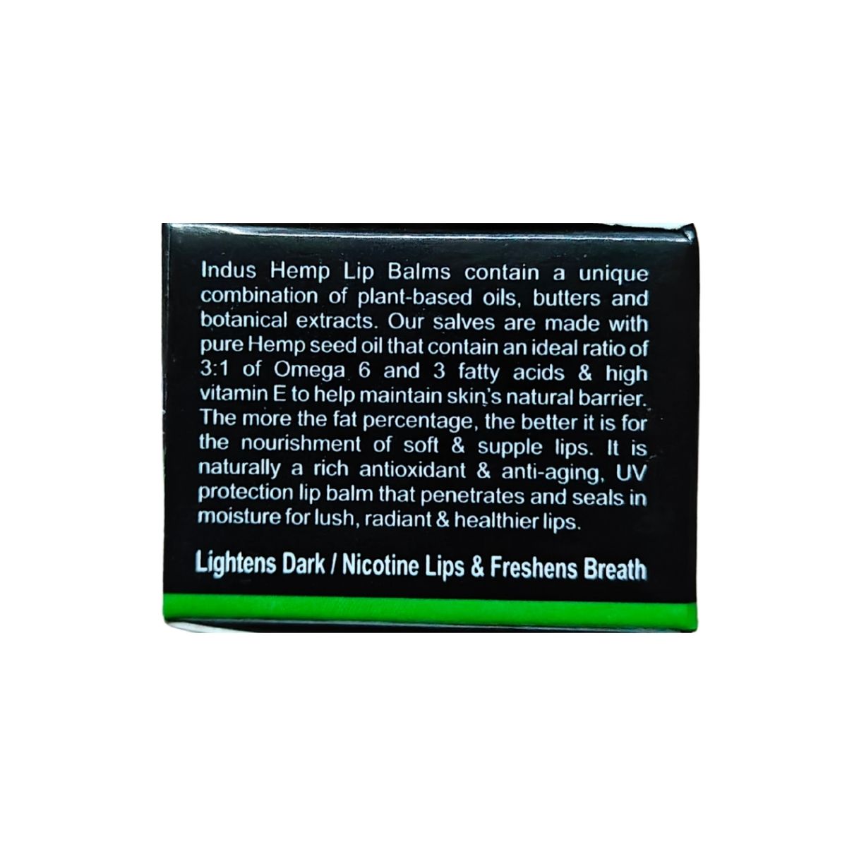 INDUS HEMP LIP BALM | LIQUORICE & GINGER MINT | SPF 15 | LIGHTENS DARK/NICOTINE LIPS & FRESHENS BREATH
