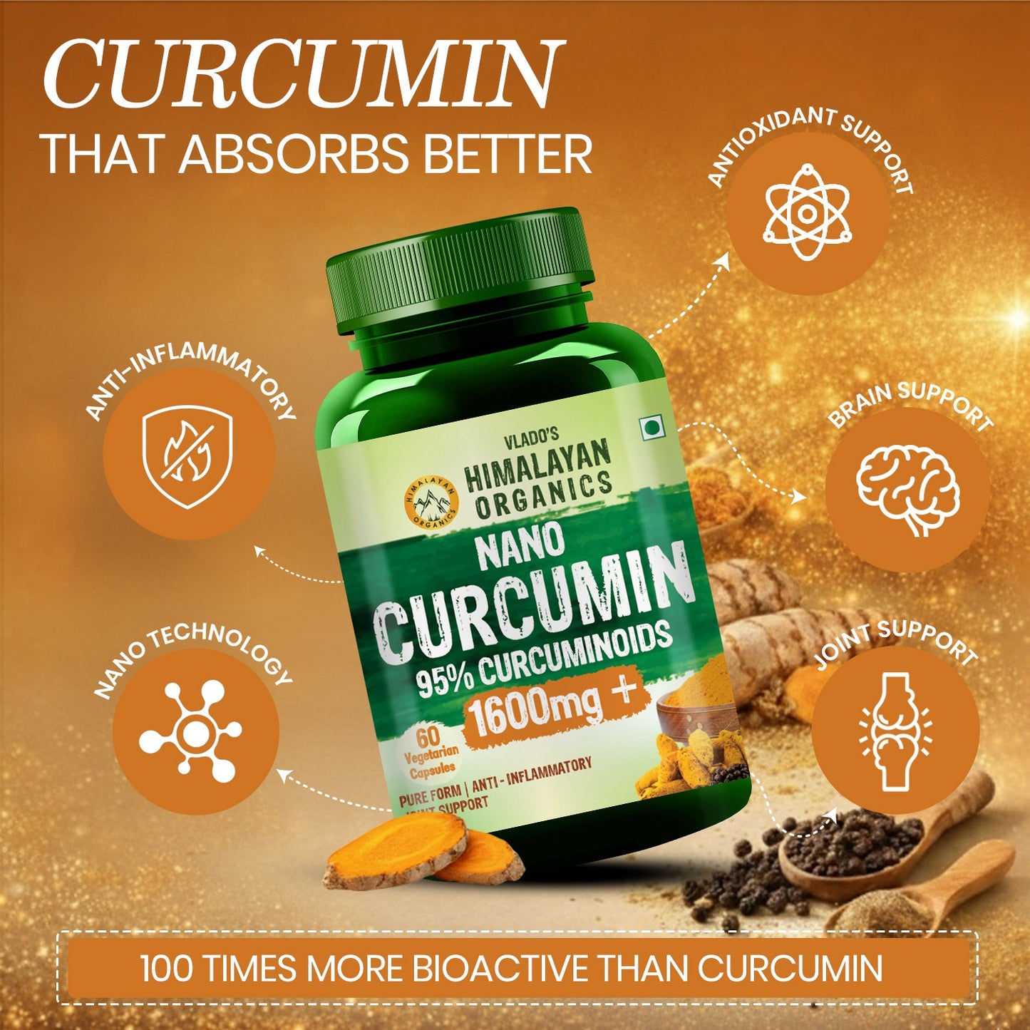 Vlado's Himalayan Organics Nano Curcumin 1600 mg+ | 95% Curcuminoids with Turmeric & Piperine | Dietary Supplement for Men & Women | 60 Capsules