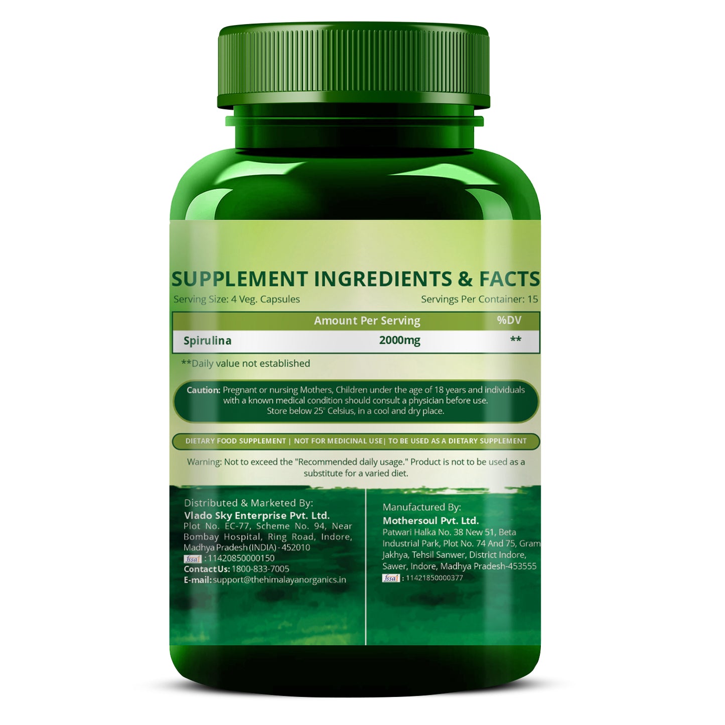 Vlado's Himalayan Organics Spirulina 2000mg Supplement | Green Food For Good Health Weight Management And Immunity Booster | Helps In Healthy Heart - 60 Vegetarian Capsules