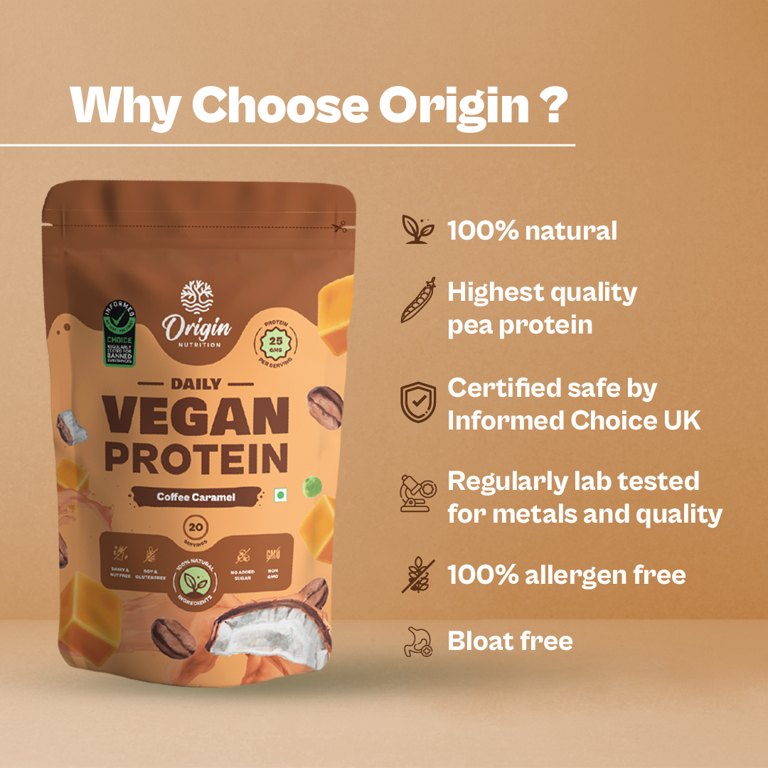 Origin Nutrition 100% Natural Plant Protein Powder Coffee Caramel Flavour with 25g Protein Per Serving , 737g