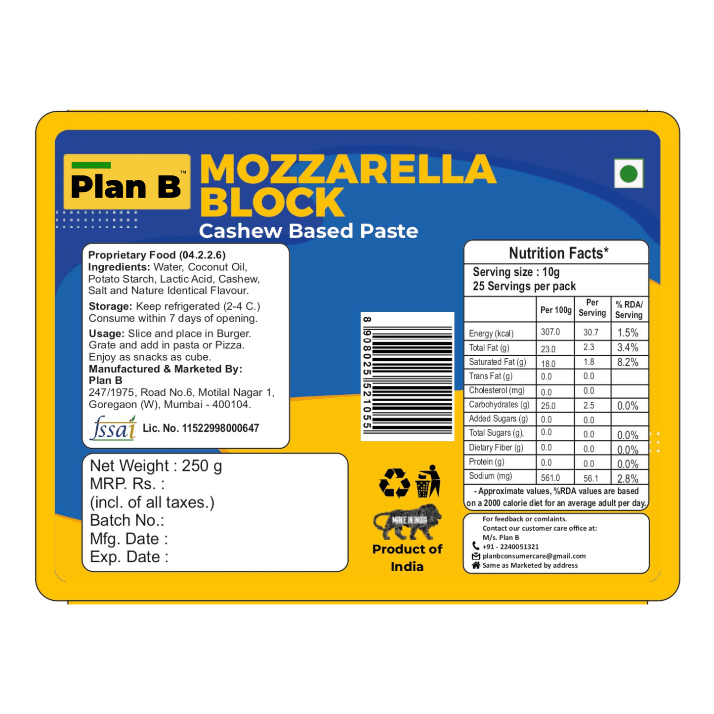 Plan B Mozzarella Block 250 g