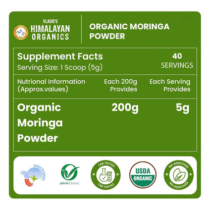 Vlado’s Himalayan Organics Moringa Powder | 100% Organic & Pure Superfood | 200g