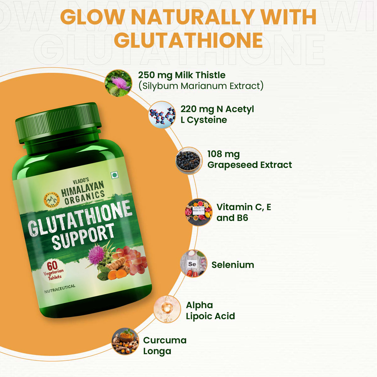 Vlado's Himalayan Organics Glutathione Builder with ( Vitamin C, E, B6 & Curcumin ) - 60 Veg Tablets