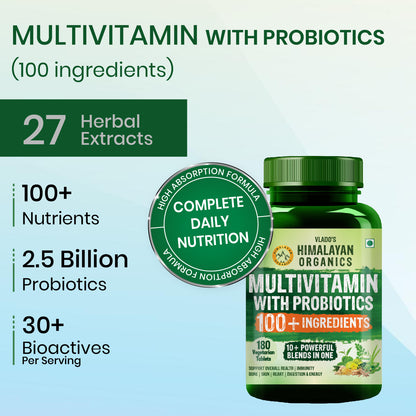 Vlado's Himalayan Organics Multivitamin for Men & Women with 100  Ingredients | With Probiotics, Herbal Extracts & Minerals | 180 Veg Tablets