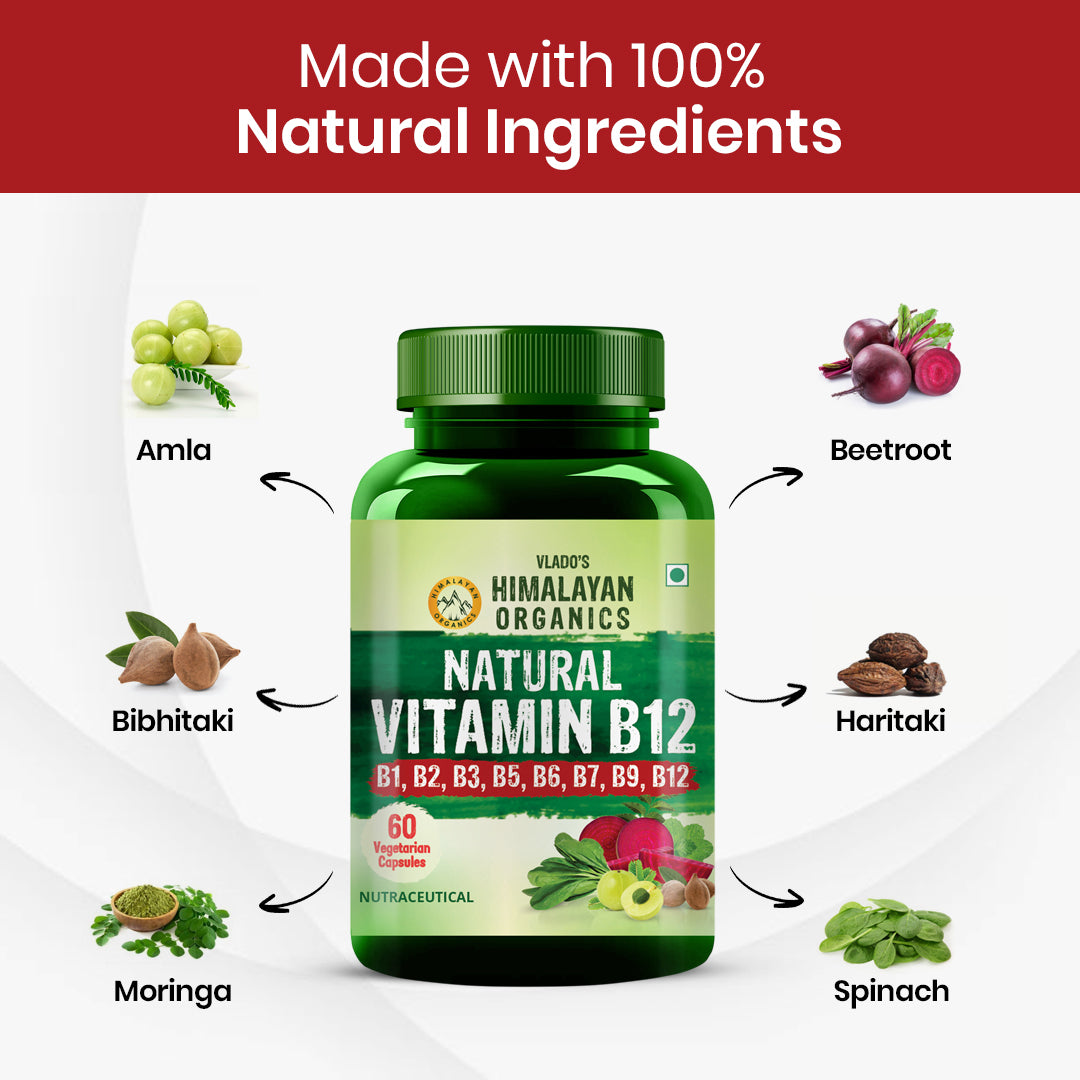 Vlado's Himalayan Organics Natural Vitamin B12 with B-Complex & Moringa | Plant-Based Formula | 60 Vegetarian Capsules
