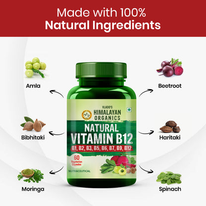 Vlado's Himalayan Organics Natural Vitamin B12 with B-Complex & Moringa | Plant-Based Formula | 60 Vegetarian Capsules