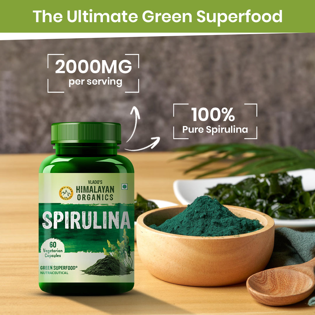 Vlado's Himalayan Organics Spirulina 2000mg Supplement | Plant-Based Superfood | 60 Vegetarian Capsules