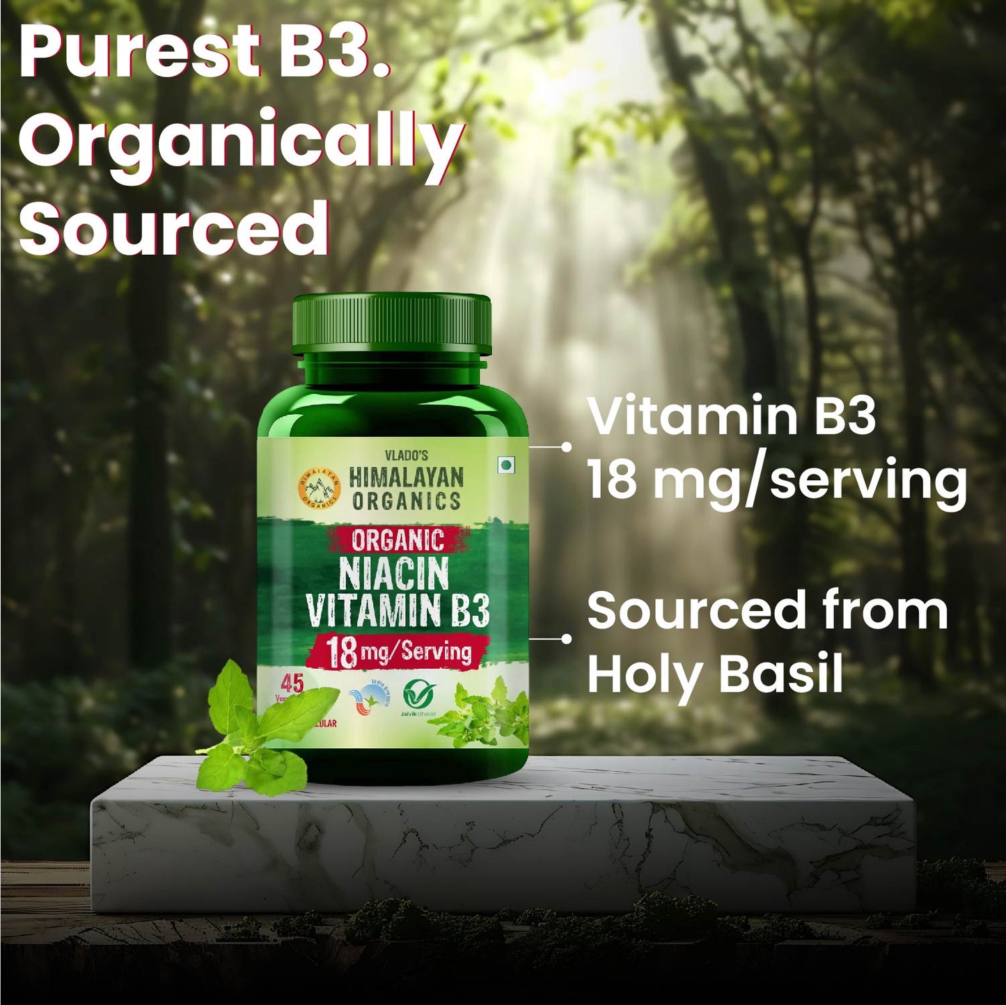 Vlado's Himalayan Organics Organic Niacin (Vitamin B3) Tablets | 18 mg per Serving | 45 Veg Tablets