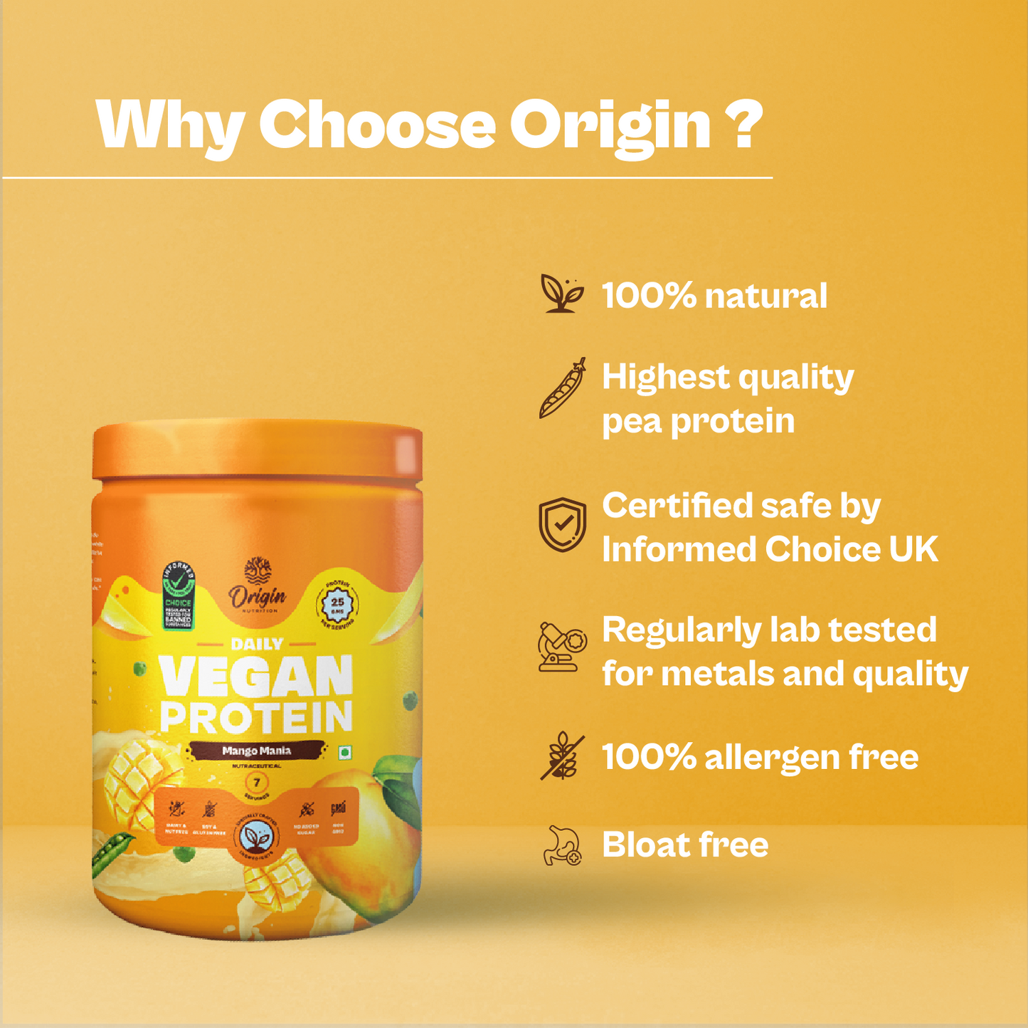 Origin Nutrition 100% Vegan Plant Protein Powder Mango Flavour with 25g Protein Per Serving, 289g